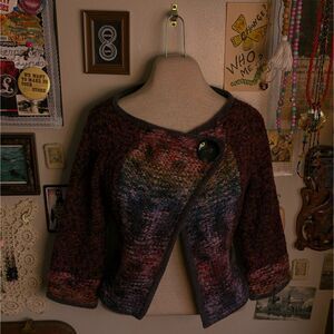 Vintage Rainbow Knit Cardigan Sweater Women's Petite Small Burgundy Mohair